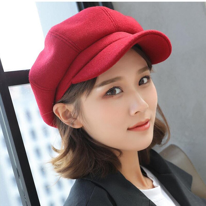 Newsboy-boina de pintor para mujer, gorro retro de estilo británico, color sólido octogonal, gruesa, cálida, visera, Otoño e Invierno