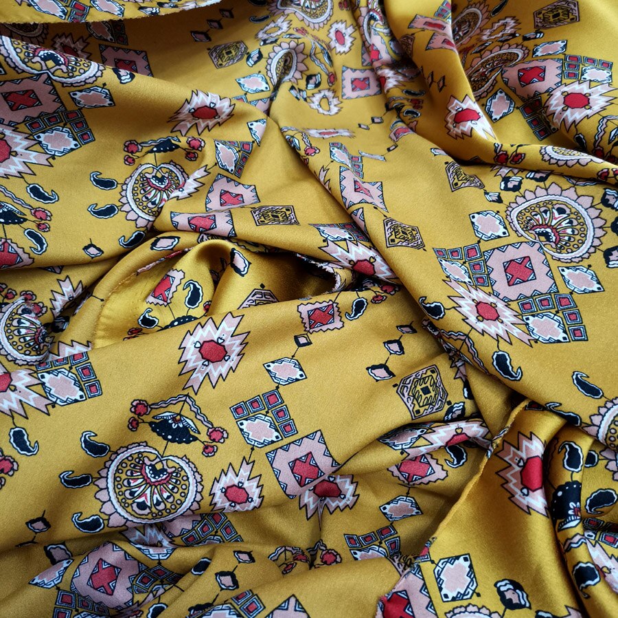 Etnisk kjole satin retro print bluse stof crepe satin slippe blød diy sy håndværk materiale blankt pyjamas stof håndværk: 1 ingefær