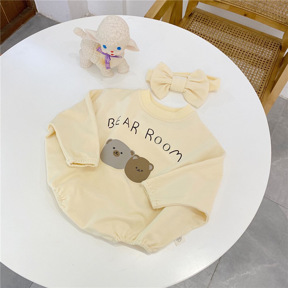 Milancel Baby Kleding Schattige Beer Patroon Baby Jongens Bodysuit Lange Mouwen Peuter Meisjes Jumpsuit Baby Hoofdband: beige / 24M