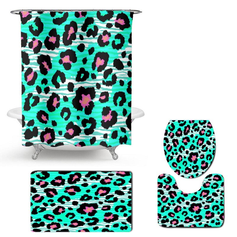 Leopard Print Animal Bathroom Set Toilet Lid Cover Bath Rugs Carpet Waterproof Shower Curtain with Hooks 4pcs Shower Curtain Set: Color-1
