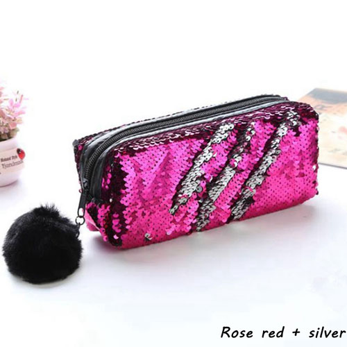 Estuche para lápices con lentejuelas para niñas, material escolar, estuche para lápices con bolas de pelo, caja de lápices Estuche para escolar: Rose Red plus Silver