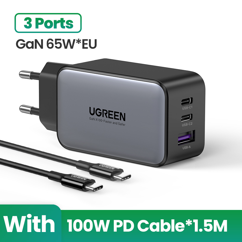 UGREEN 65W GaN ładowarka szybkie ładowanie 4.0 3.0 typ C PD ładowarka USB dla iPhone 12 13 Pro Max szybka ładowarka do laptopa PD ładowarka: 3 Port EU 100W Cable