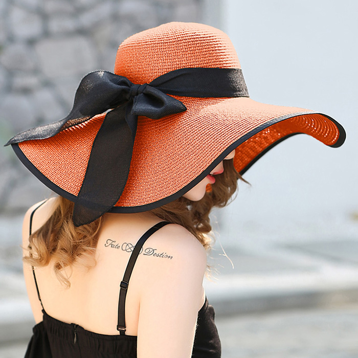 Sommer stor randen stråhat floppy bred randen solhue bue knude strand foldbare hatte hatte til kvinder: Orange
