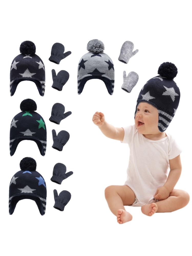 Baby gebreide muts handschoenen set ski winter muts muts met warme oorflap wanten