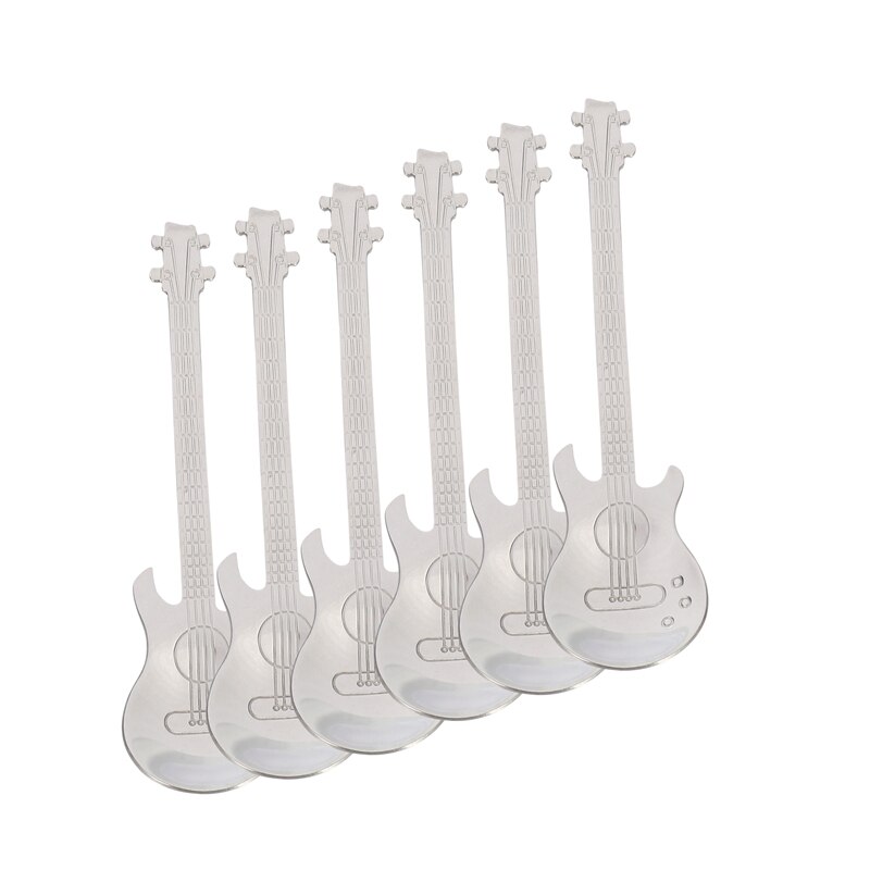 Gitaar Koffie Lepels 6-Pack Leuke Lepels Rvs Theelepels Roeren Lepel Gitaar Vormige (Zilver)