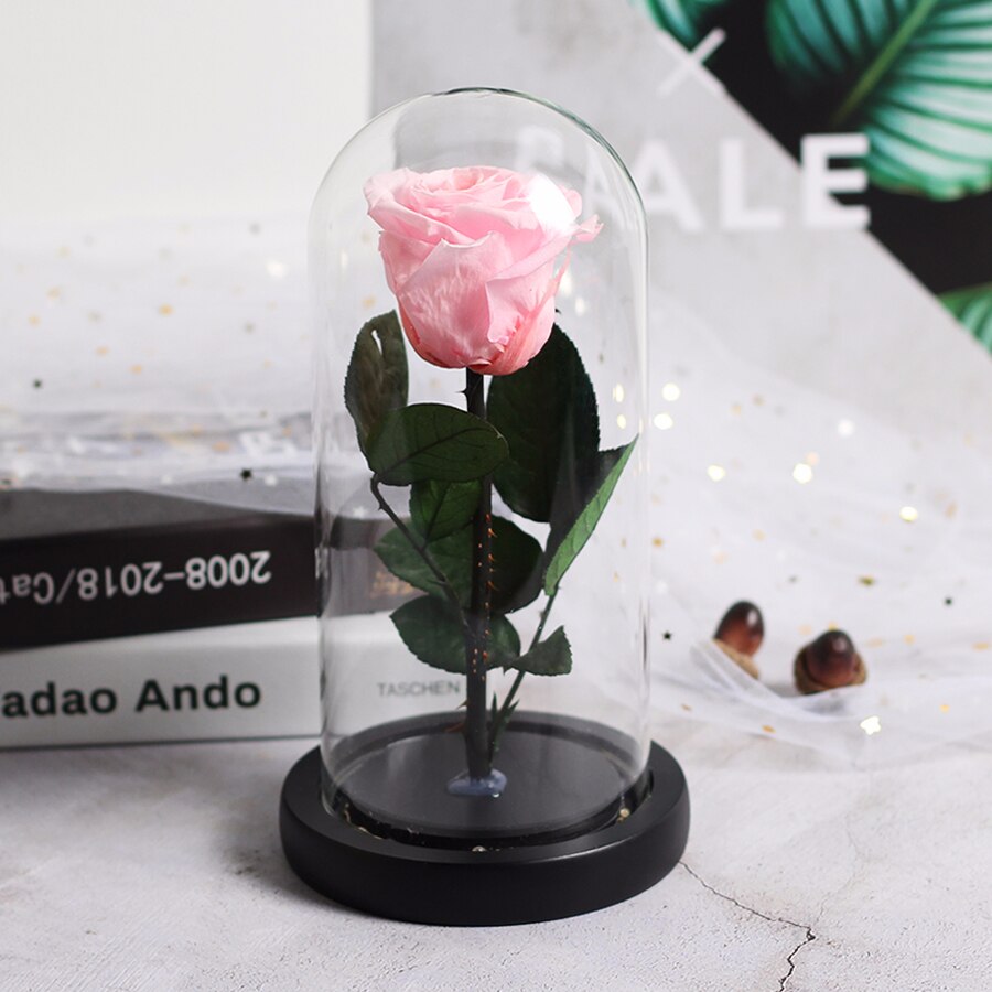 Skønheden og udyret evig rød rose i en glaskuppel med led lys sort base til valentins mors dag