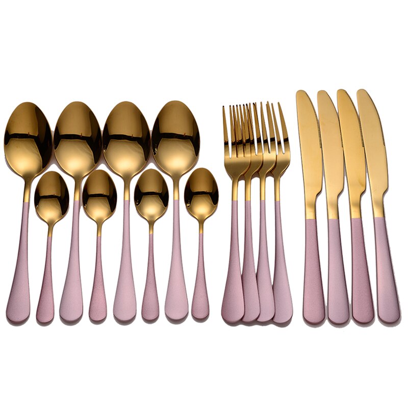 Tablewellware Golden Bestek Vork Lepel Mes Set Gouden Servies Rvs Bestek Golden Vork Lepel Servies Set: pink gold 4 sets