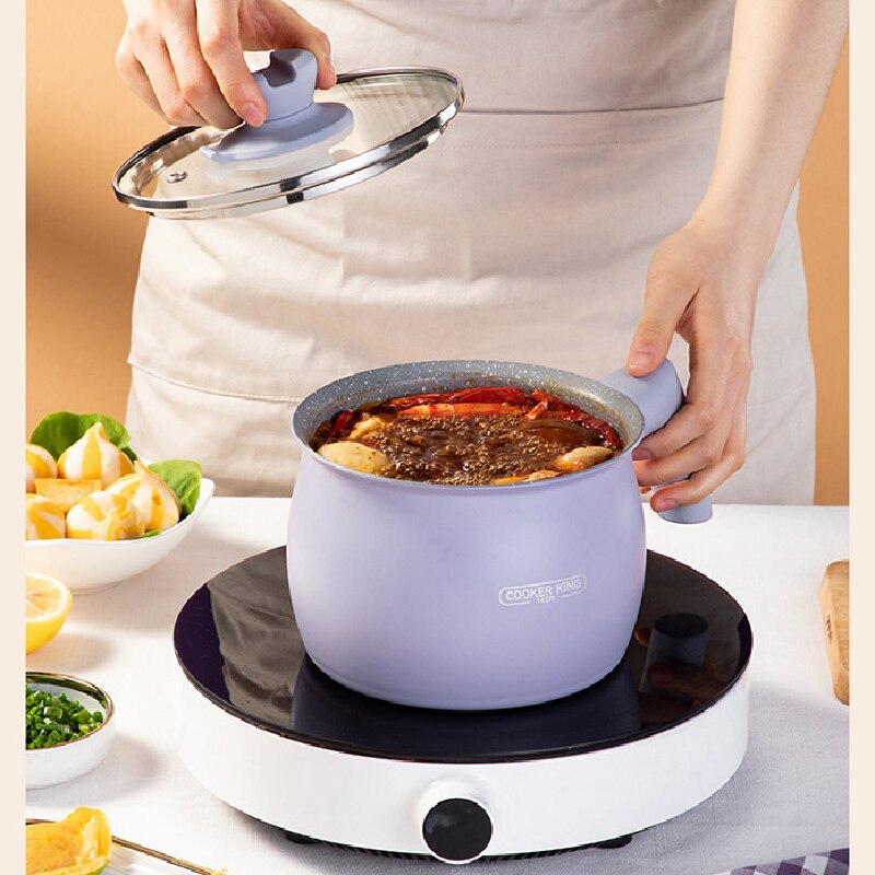 1.7L Induction Cooker Soup Cooking Instant Noodle Bowl With Transparent Lid Mini Enamel Nonstick Small Coffee Milk Pot