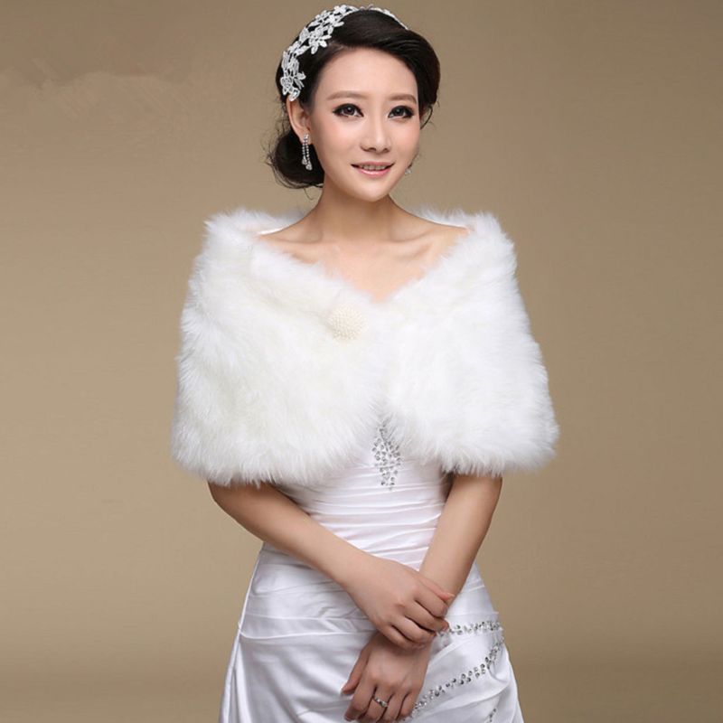 Womens Wit Faux Fur Bruids Wrap Stola Sjaal Cape Bruiloft Kunstmatige Parel Bal Versiering Winter Jasje Bolero