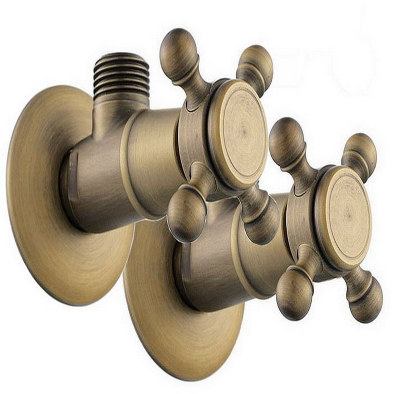 2Pcs Antique Brass Vintage Retro Cross Handles Bathroom Angle Stop Valve 1/2" Male x 1/2" Male Thread aav007