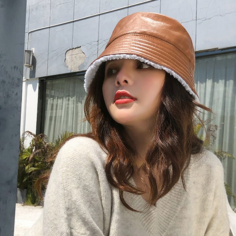 Efterår vinter mænd kvinder pu læder bøttehat kvindelig japansk fiskerhat bob drenge piger varm plus fløjl panama