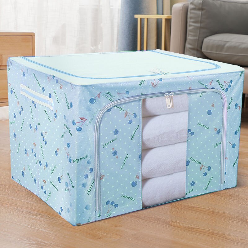 Inbyggd stålram hopfällbar täcke klädväska hushållskläder förvaringsbox dammtät täcke förvaring garderob organisatör: 100l 60 x 42 x 40cm / Blå