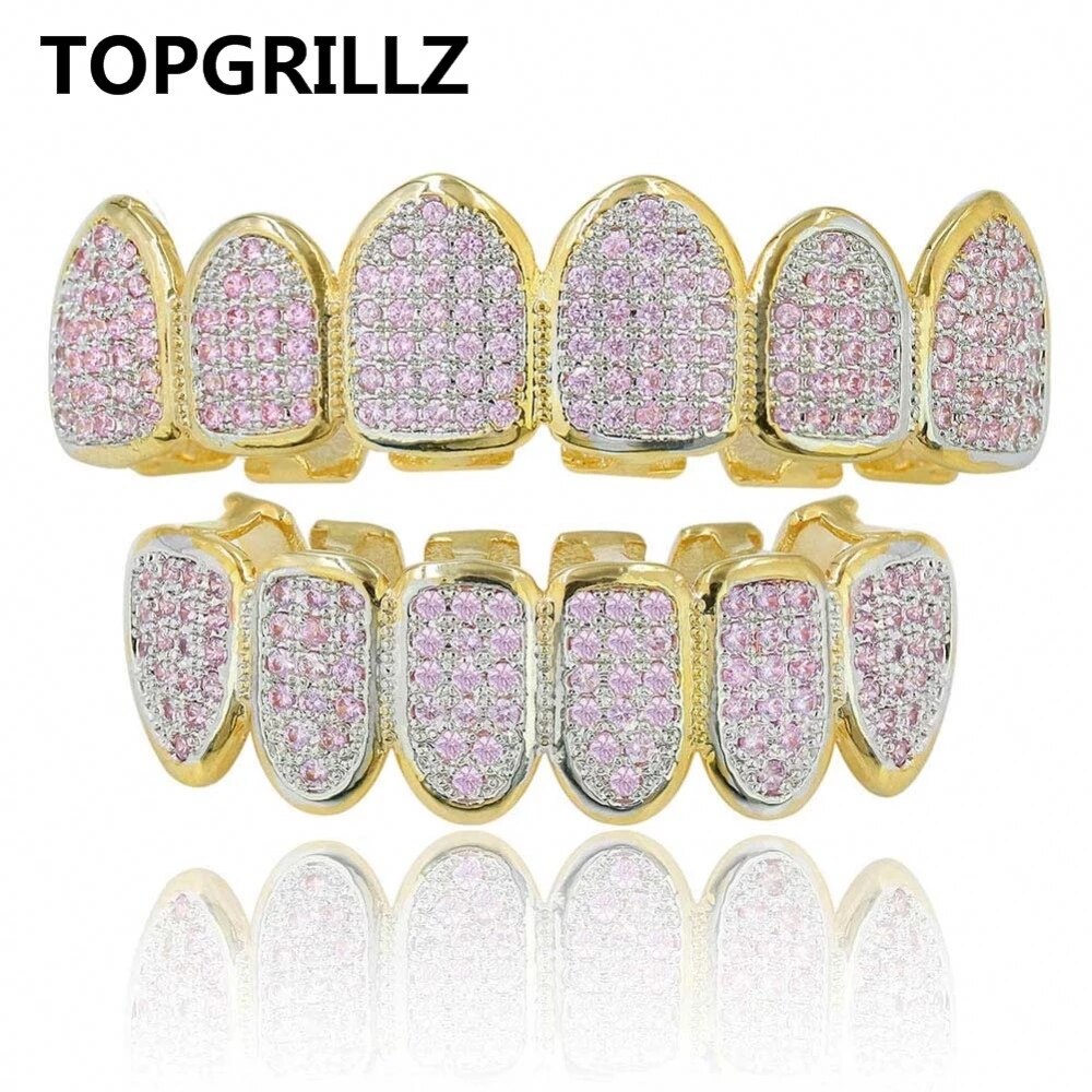 Topgrillz Classic 6/6 Hip Hop/Punk Tanden Grillz Set Goud Zilver Kleur Top &amp; Bottom Grills Dental Mond Caps cosplay Party: Pink Set