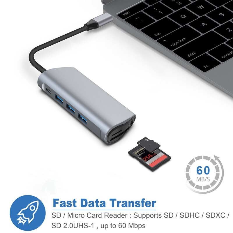 USB C Hub 6 in 1 Type C Adapter with USB 3.0 Hub SD/TF Card Reader PD Charging for iPad and More Laptop Tablet