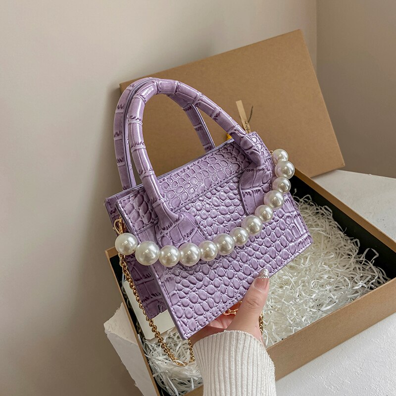 Frauen Perle Kette Handtaschen Geldbörsen Einfache Weibliche Kleine Quadratische Tasche PU Leder Damen Schulter Umhängetaschen