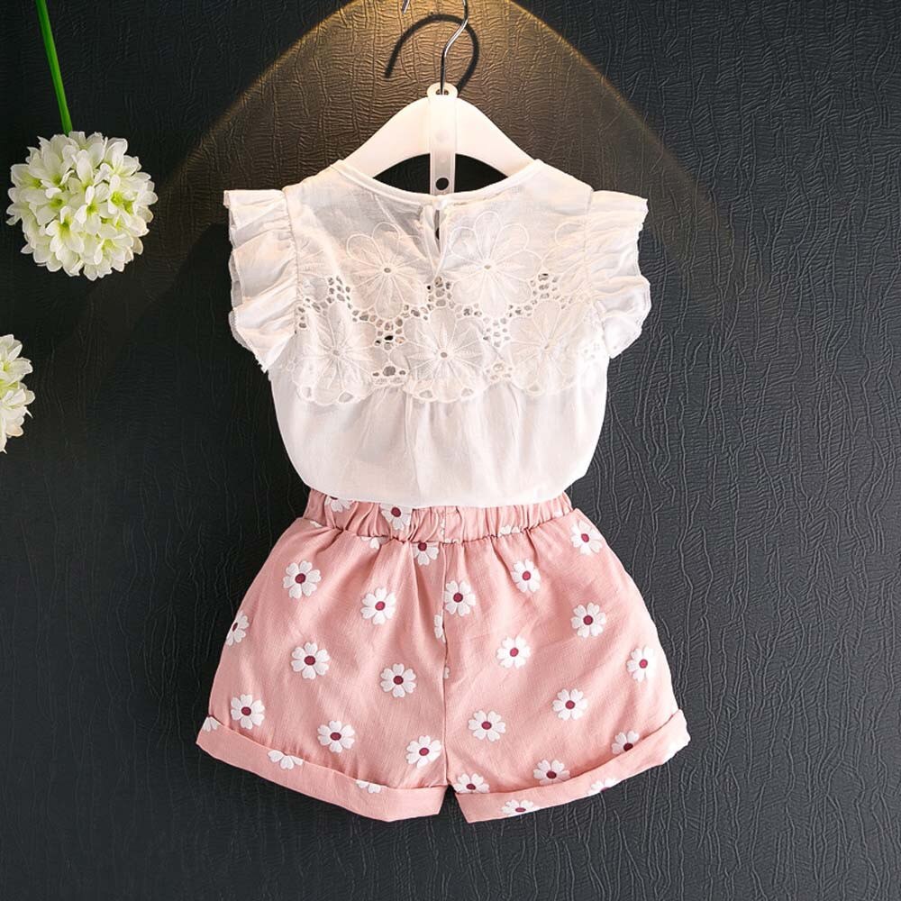 TELOTUNY abbigliamento Per Bambini Bambino Del Bambino Dei Bambini Del Bambino Vestiti Delle Ragazze Sveglio Del Merletto di Stampa T-Shirt Maglia Magliette E Camicette + Shorts Pantaloni 2PCS abiti Set Giugno: 11