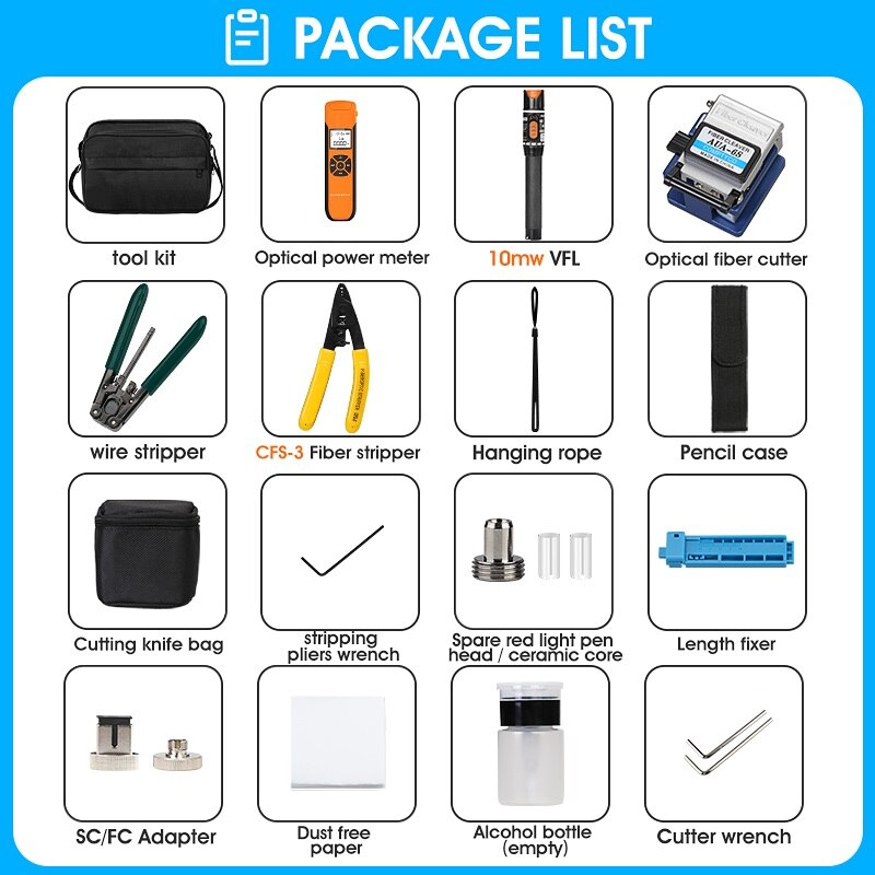 FTTH Fiber Optic Tool Kit with Fiber Cleaver -70~+10dBm Optical Power Meter Visual Fault Locator 10mw