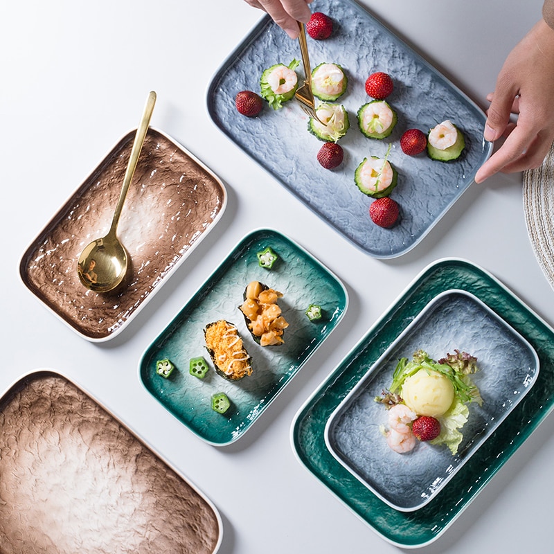 RHE-Conjunto de platos de cerámica con patrón convexo, conjunto de platos de desayuno estilo occidental para restaurante, platos de carne finos