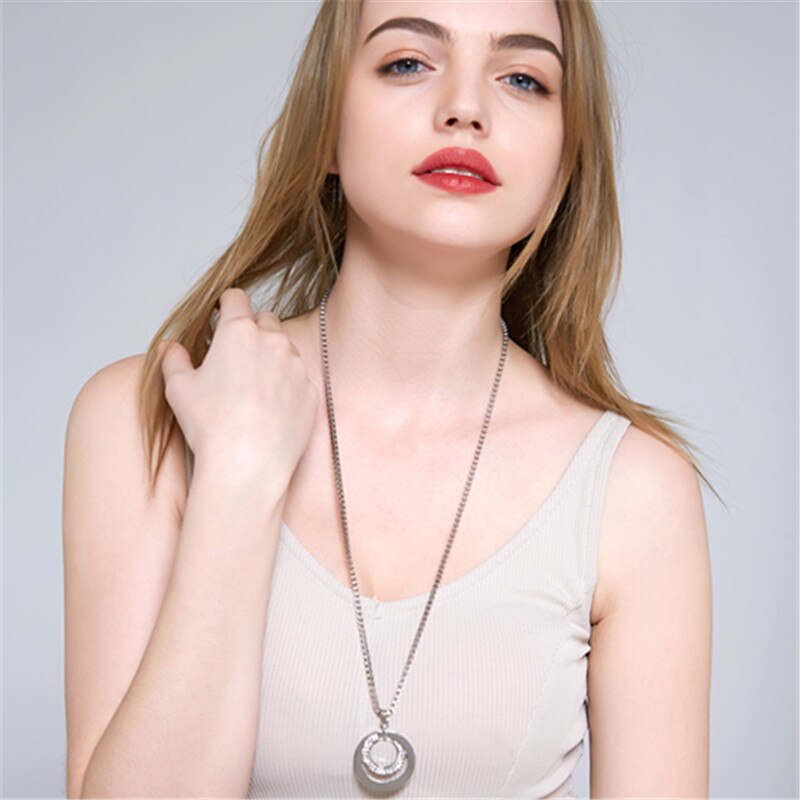 Pretty Women's Silver Color Choker Crystal Rhinestone Long Chain Double Circle Pendant Charm Necklace