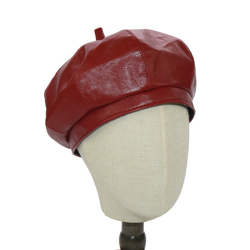 Moda kobiety PU skórzane berety damskie czarne płaskie beret kapelusz jesień zima artysta kapelusze hurtownia: wino czerwony