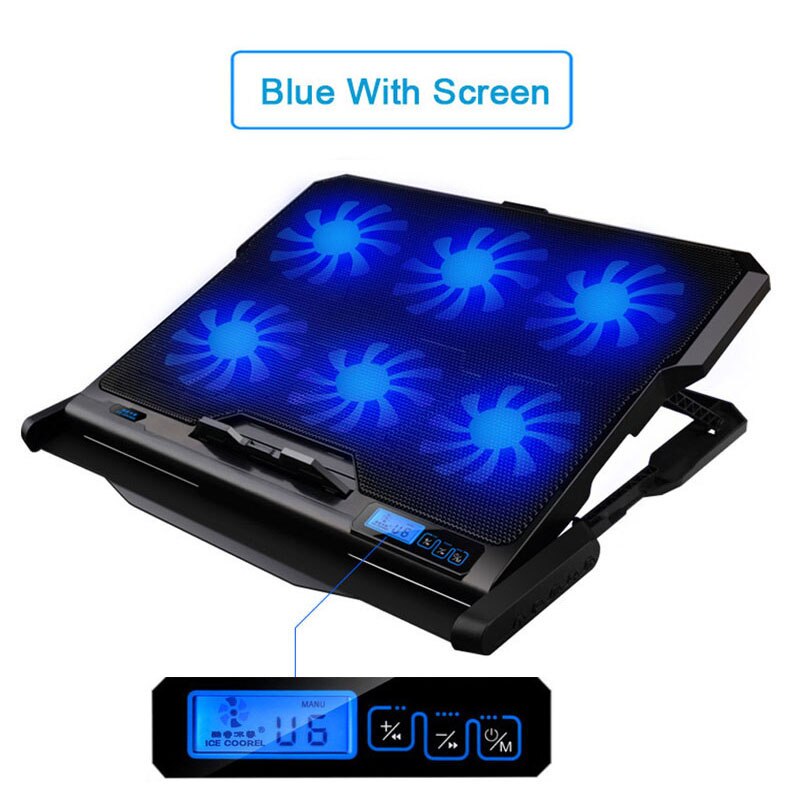 Gaming Laptop Cooler Notebook Cooling Pad 6 Silent LED Display Fans Powerful Air Flow Portable Adjustable Laptop Stand Aircooler: Blue With Screen