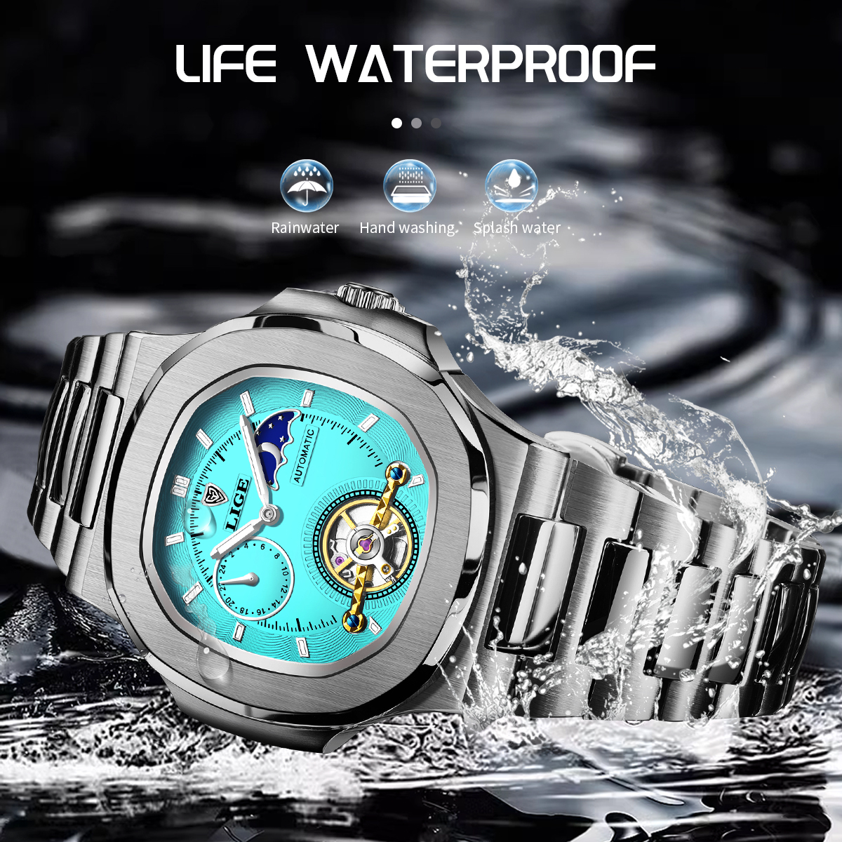 Reloj LIGE Tourbillon de doble segundo, reloj mecánico de 24 horas, reloj auténtico de acero inoxidable para hombre, reloj resistente al agua con brillo nocturno para hombre