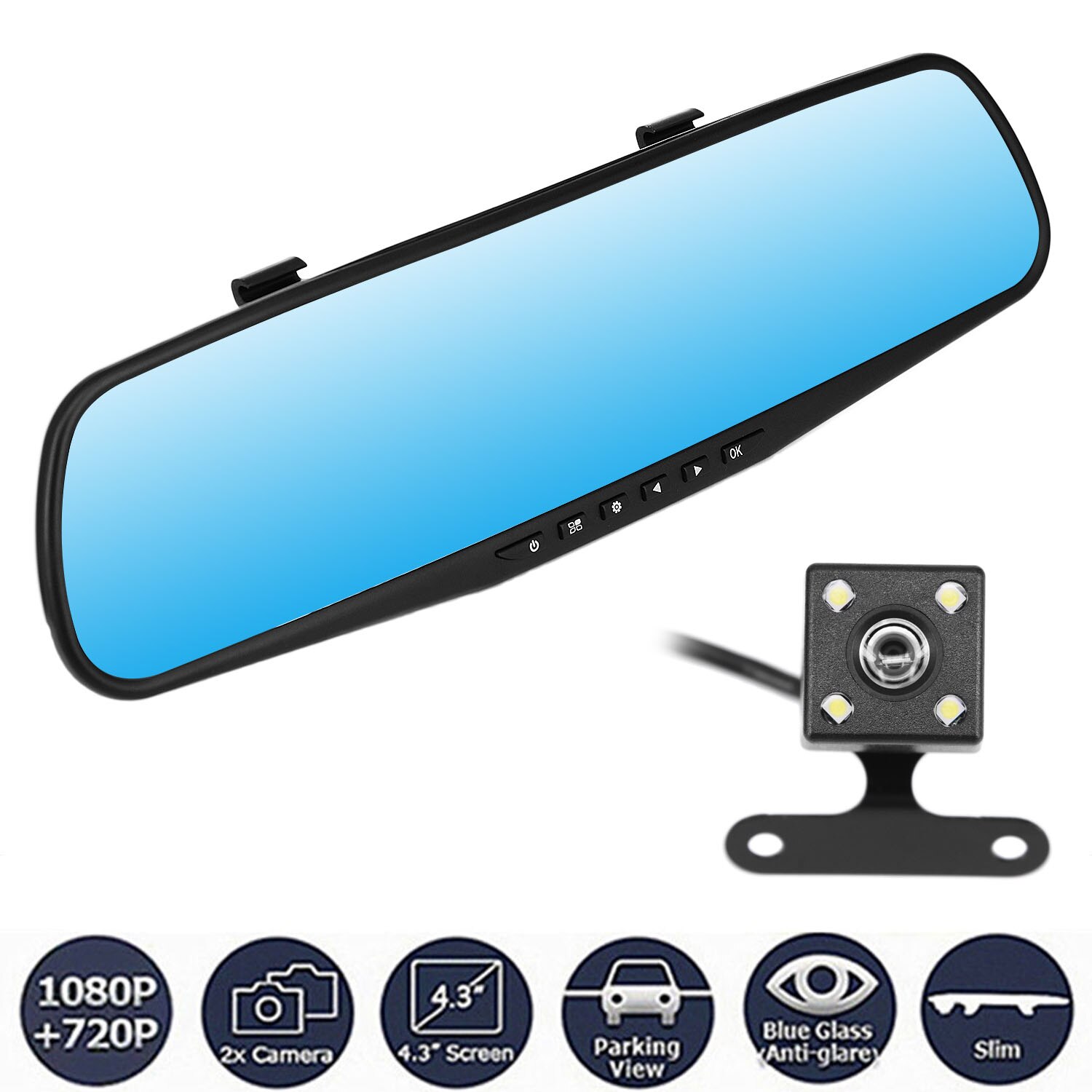4.3\\\\u201d HD 1080P Dual Lens Rear View Mirror Car DVR Dash Recorder Camera Attachment
