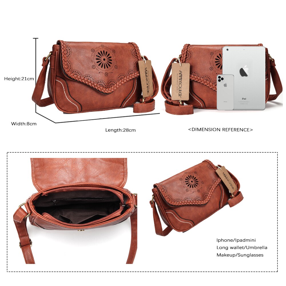 Annmouler Frauen Schulter Tasche Vintage Pu Leder Umhängetasche Aushöhlen Damen Satchel Tasche Braun Retro Handtasche für Mädchen