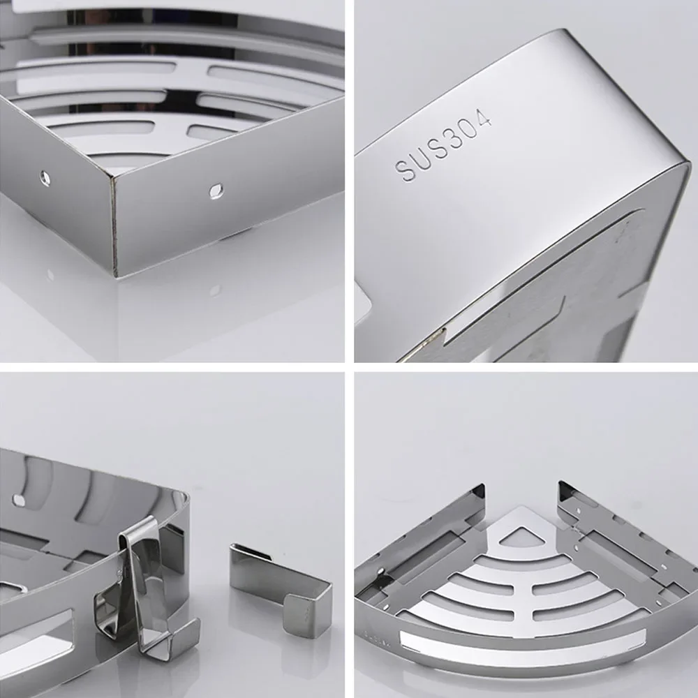 Punch-Free 304 Stainless Steel Bathroom Wall Corner Shelves Triangle Basket Toilet Shampoo Organizer Holder 00BS0102 Hanger Rack