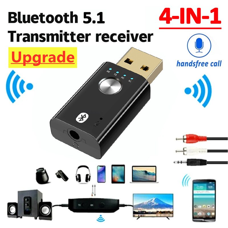 Transmisor receptor de Audio Bluetooth 5,1, Dongle USB estéreo de 3,5mm, 3,5 AUX RCA, adaptador inalámbrico para Kit de coche, TV, PC y auriculares, 4 en 1