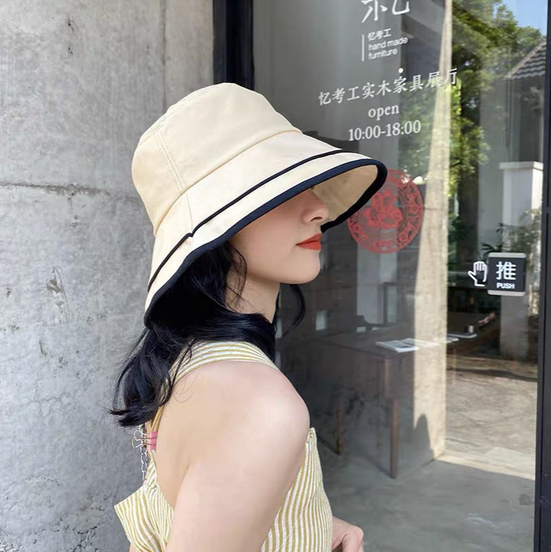 INS Summer Big Brim Sun Hat For Women Seaside Sun Protection UV Cap Wild Fisherman Hat Korean Version Buket Hat: Beige