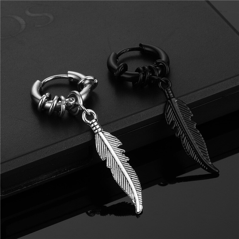Korean Stainless Steel Coil Feather Earrings For Women Man Punk Goth Hoop Earrings Ear Clip On Piercing Jewelry