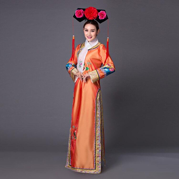 Chinese Traditional Dress Women Cheongsam with Headdress The Qing Dynasty Clothing Princess Costume Stage Costume 17: Orange