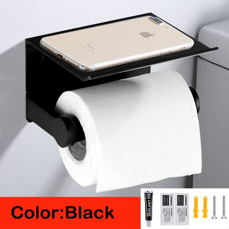 Badeværelse toiletpapirholder sort sølvguldserviet telefonstativ vægmonteret plads aluminium wc papirholder med hylde: Sort