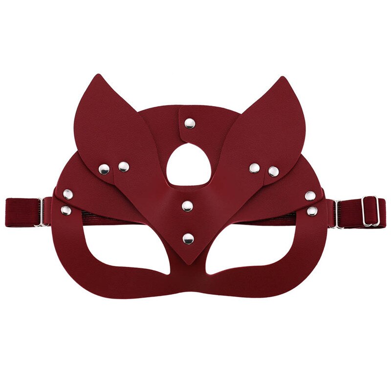 Women Mask Face Fox Cosplay PU Leather Mask Blindfold Halloween Party Mask Masquerade Ball Masks Punk Collar: red