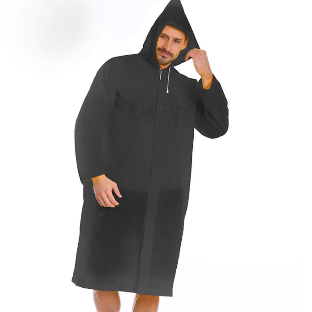 Chubasquero transparente para adultos impermeable de goma eva impermeable de vinilo impermeable para acampar senderismo abrigo de lluvia con capucha: Black