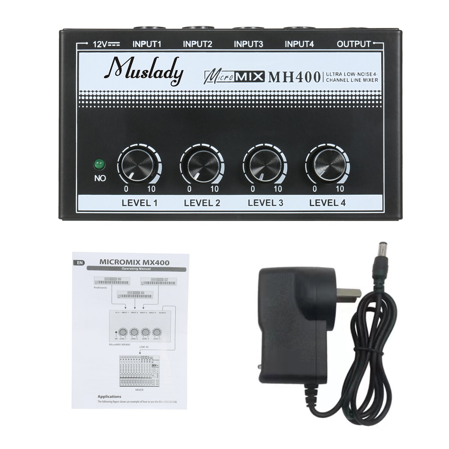 Muslady MH400 Ultra Low-Noise 4-Channel Line Mini Audio Mixer Met 1/4-Inch Ts Volumeregeling voor Gitaren Bass Toetsenborden
