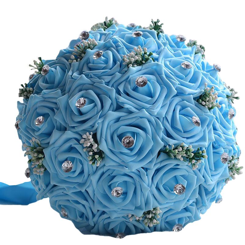 Handgemaakte Kunstmatige Foam Bloemen Boeket Simulatie Rozen Strass Bruids Toss Boeket Bruidsmeisje Boeket Voor Bruiloft: Blue