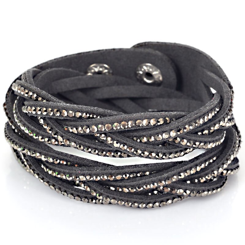 Miasol Trendy Crystal Wrap Rhinestones Braided Double Wrap Leather Charm Bracelet For Women Girl Bracelets: Dark Grey