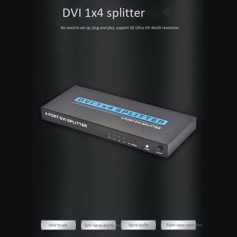 DVI Splitter 1 in 4 Out DVI 1X4 Splitter 4 Ports DVI-D Dual Channel Supports 3D 4K Resolution EU Plug