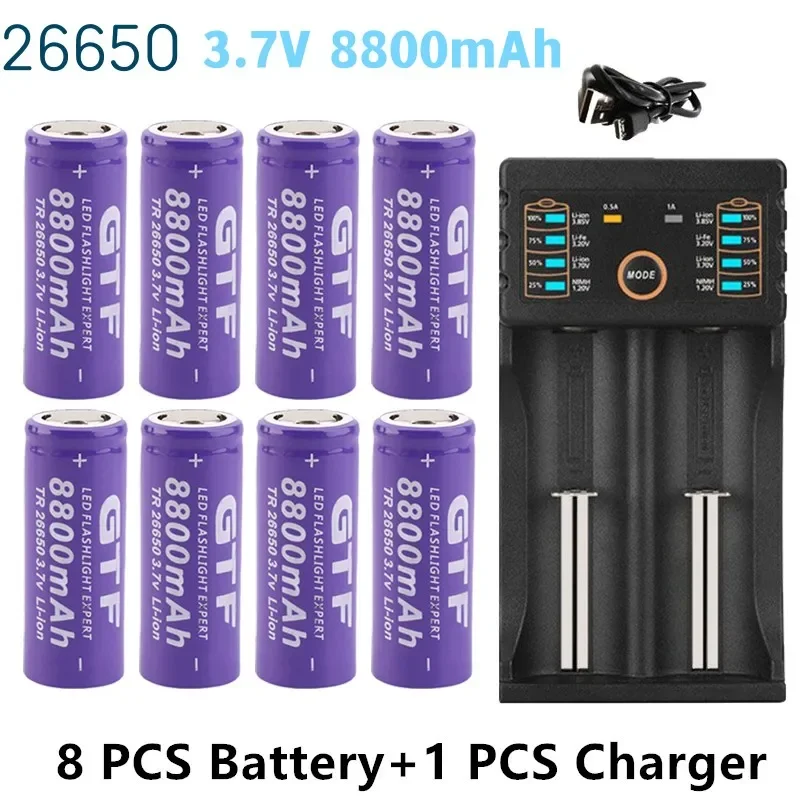 100% batería Original de 26650 8800mAh 3,7 V 50A batería recargable de iones de litio para linterna LED 26650 + cargador USB