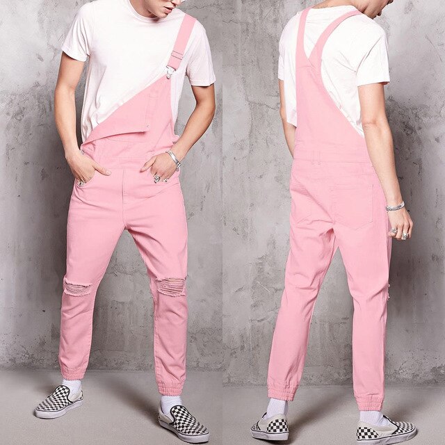Rompertjes Heren Jumpsuit Mode Katoen Toevallige Mannelijke Denim Ripped Jeans Broek Roze Overalls Conjunto Masculino Plus Size: XXXL