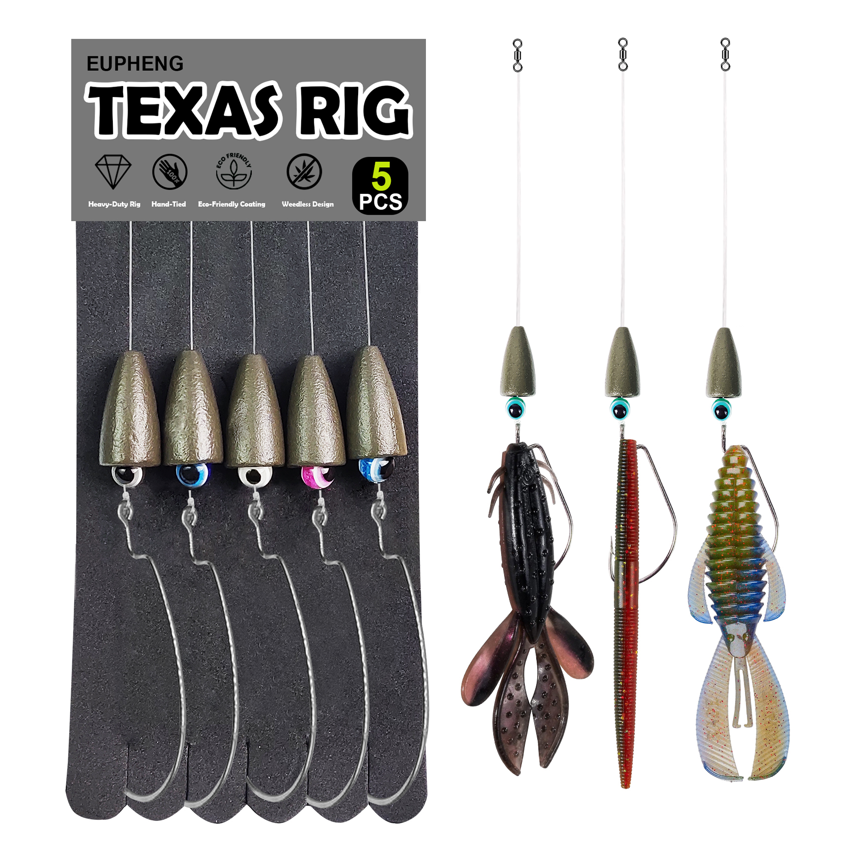 Eupheng 5pcs Texas Rigs Set Pre-Rigged Leader Line with Weights Hooks for Bass Fishing Fishing Ready Texas Rig