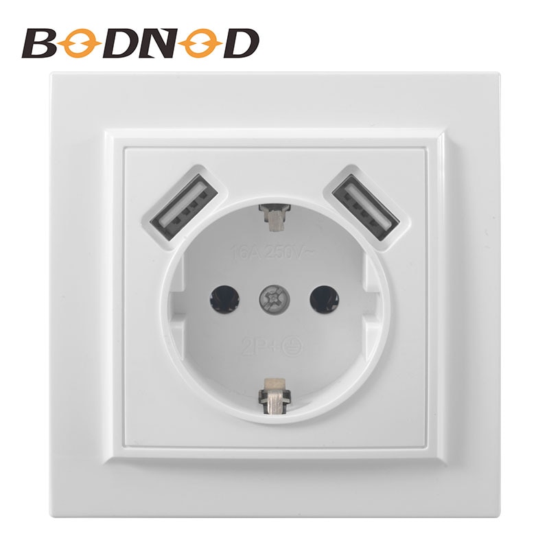 Adaptador de pared eléctrico con doble puerto USB, enchufe de pared eléctrico blanco con toma de tierra, enchufe europeo, enchufe europeo de 2A, EP-19 de carga