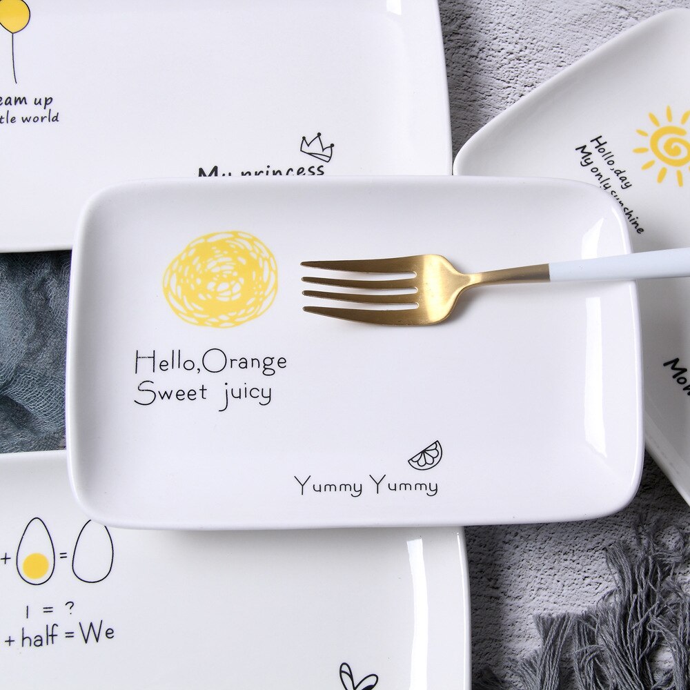 8 Inch Square Cute Ceramic Plate Unique Dinner Set Dish Dessert Plate Dinnerware Cake Tray Good Morning