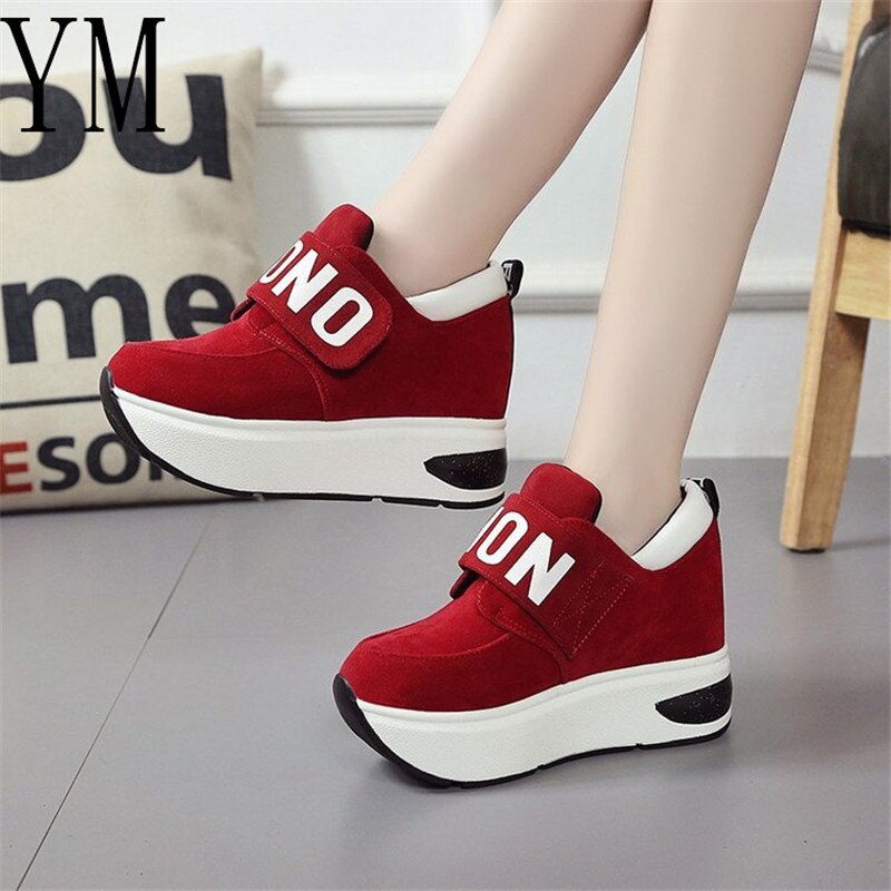 Wiosna jesień zwiększone 8cm płaskie buty na platformie z pętelką na rzepy zwykły słodkie damskie trampki płytkie buty damskie 35-40