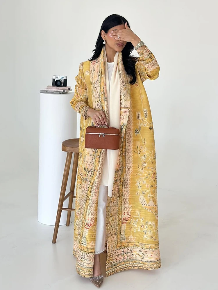 Arabisk tøj kvinde luksus afslappet hijab cardigan fuld længde langærmet frakke kvinder muslimsk plisseret dubai åben abaya eid aften: Orange