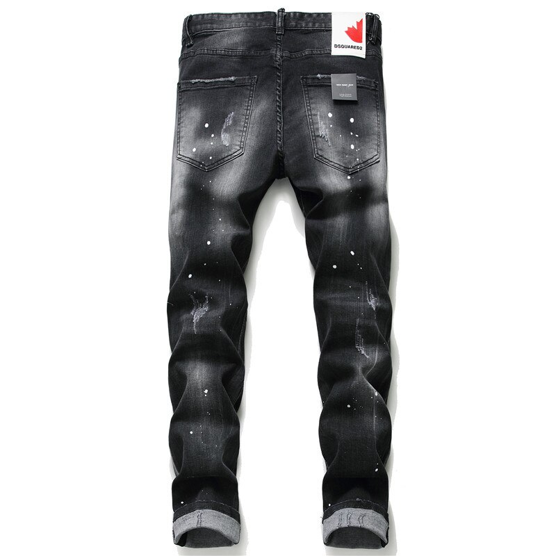 Trendy Trousers Spring and Summer Elastic Black Ripped Jeans Men's European and American Slim Small Straight Big-name Long Pants