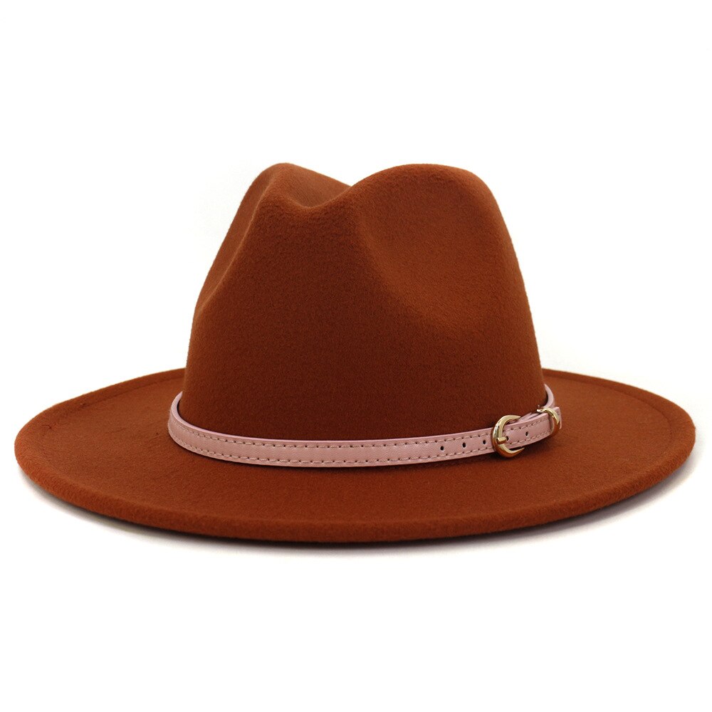 Fs roze vilten hoed winter fedora hoeden dames imitatie wol mix brede rand panama klassieke britse herfst dame jazz pet voor heren: Roestrood