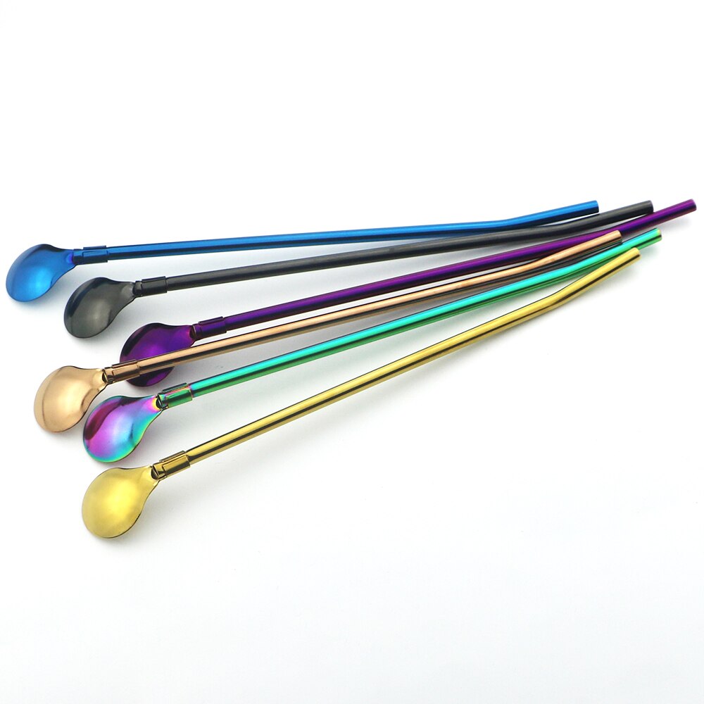 4 unids/set reutilizable paja larga cuchara Multicolor 18/10 pajas de acero inoxidable cuchara para té Bar de café agitación cuchara de beber